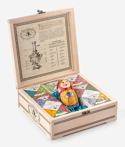 Деревянная шкатулка "Народы России": 7 чаёв, матрешка ручной работы с мини-вареньем внутри