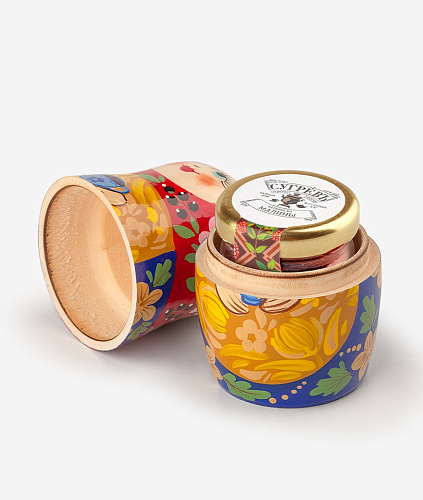 Деревянная шкатулка "Народы России": 7 чаёв, матрешка ручной работы с мини-вареньем внутри